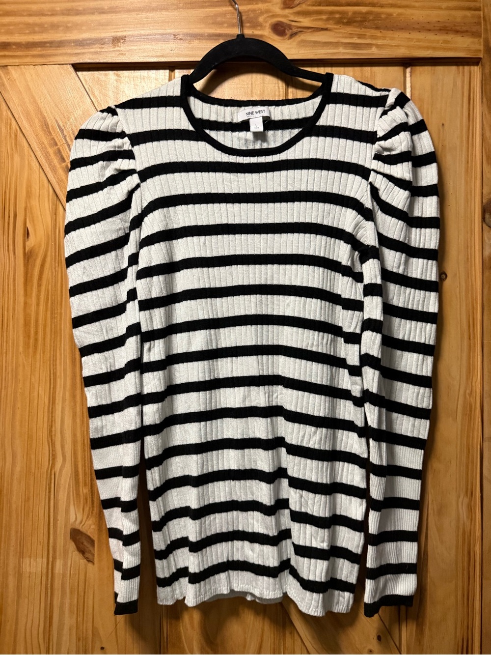 Nine West Black & White Ribbed Puff-Sleeve Crewneck Sweater